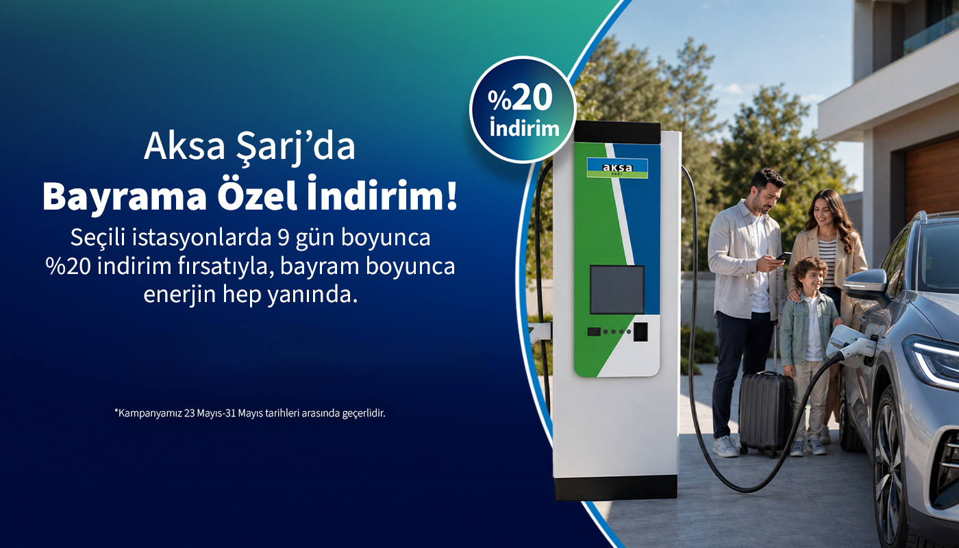 Bayram Yolculuğunda Enerjiniz Hiç Bitmesin! Aksa Şarj'dan bayrama özel, seçili istasyonlarda 23-31 Mayıs tarihleri arasında tam 9 gün boyunca %20 indirim fırsatını kaçırmayın.